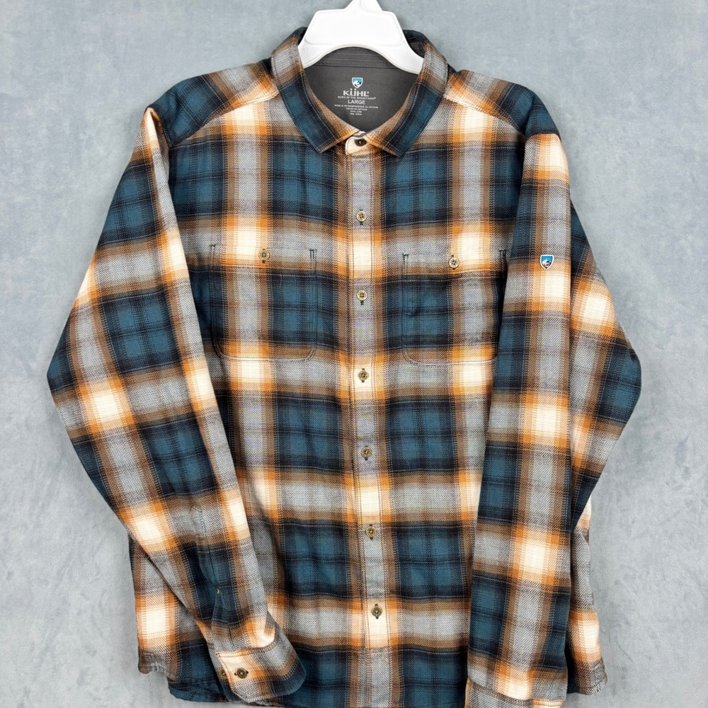 Kuhl Mens Large Plaid Flannel Button Down Shirt Blue Orange Long Sleeve Pocket